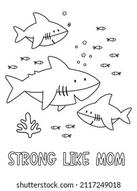 Cute cartoon coloring page with Shark mom and baby. Mother's Day vector printable worksheets for preschool