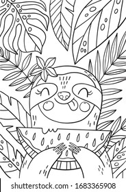 Cute cartoon coloring page with sloth. Coloring poster with happy summer sloth in tropical leaves