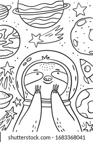 Cute cartoon coloring page with sloth. Coloring poster with happy sloth in space. 