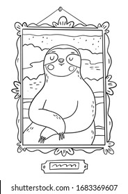 Cute cartoon coloring page with sloth. Coloring poster with happy sloth in a picture in a museum