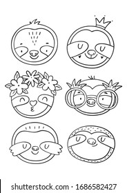 Cute cartoon coloring page with sloth. Coloring poster with happy summer sloth portrait