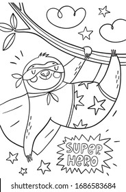 Cute cartoon coloring page with sloth. Coloring poster with happy summer sloth super hero