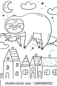 Cute cartoon coloring page with sloth. Coloring poster with happy summer sloth in night city