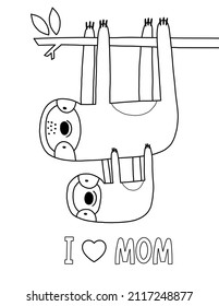 Cute cartoon coloring page with Sloth mom and baby. Mother's Day vector printable worksheets for preschool