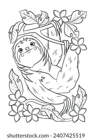 Cute cartoon coloring page with sloth. Sloth animal cartoon. Sloth coloring page