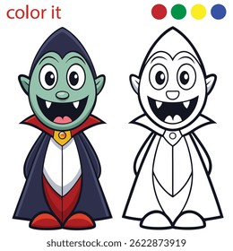 Desenho animado colorir página Vampire Halloween para crianças e adultos.