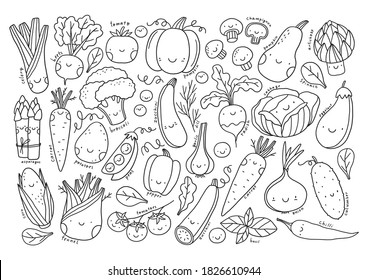 Cute cartoon coloring poster for kids with celery, beets, carrots, broccoli, corn, potatoes, green peas, zucchini, tomato, pumpkin, radish, garlic, pepper, fennel, champignon, spinach, artichoke