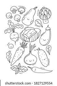 Cute cartoon coloring poster for kids with eggplant, onion, cucumber, pepper, carrot, basil, cabbage, radish, pumpkin, mushrooms, spinach, artichoke