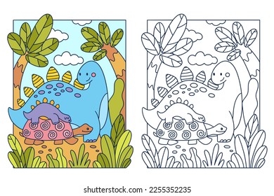 Cute cartoon colouring book page with Stegosaurus dinosaur mom and baby.