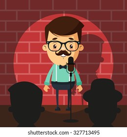 Cute Cartoon Comedian Doing Stand Up. Colorful Vector Illustration