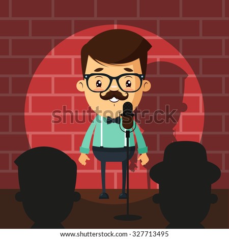 Cute Cartoon Comedian Doing Stand Up. Colorful Vector Illustration