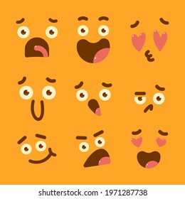 Cute cartoon comic faces emotions with funny eyes vector set isolated on background.