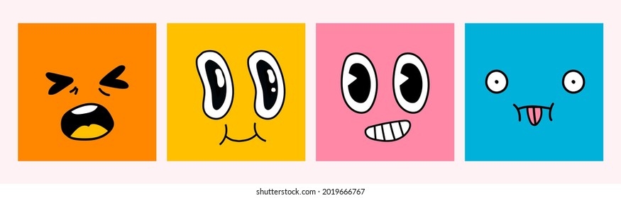 Cute cartoon comic faces with various emotions. Different colorful characters in crayon freehand drawing style.