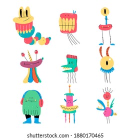 Los personajes vectoriales de los monstruos cómicos de dibujos animados se aíslan sobre un fondo blanco.