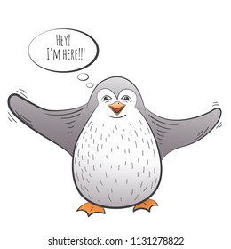 Cute cartoon comic penguin character greeting sticker; smiling penguin vector illustrations.