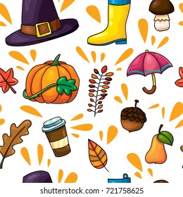 Cute cartoon comic style hand drawn doodle outlined autumn symbols seamless pattern background for card or textile design