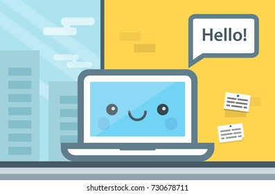 Cute cartoon computer saying Hello. Communication concept, online messaging. Flat design vector illustration of modern office interior. Creative office workspace Minimalistic style and color