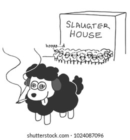 A cute cartoon concept of a black sheep separated from its heard at a slaughter house.