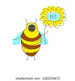 Cute cartoon concept with funny bug: bee, flower and name text. Vector art image in children illustration style. Can be used for poster, banner, background, t-shirt print, label, cover, wrapping