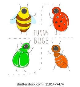 Cute cartoon concept set with funny bugs: ladybird, ant, bee, scarab. Vector collection in children illustration style. Can be used for poster, banner, background, t-shirt print, label, wrapping