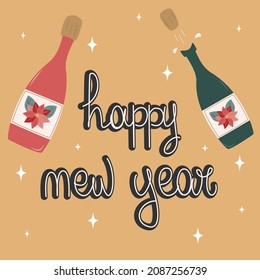 lindo concepto de dibujos animados vectores vacaciones ilustración de estilo plano con letras dibujadas a mano feliz texto de año nuevo y botellas de champán