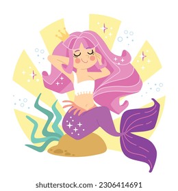 Cute cartoon confident mermaid with long pink hair. Vector cartoon illustration in flat style isolated on a white background. For print, design, poster, sticker, card, decoration and t shirt design