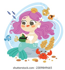 Cute cartoon confident mermaid with sandwich. Vector cartoon illustration in flat style isolated on a white background. For print, design, poster, sticker, card, decoration and t shirt design