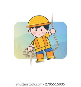Cute Cartoon Construction Worker Boy Hanging on a Rope – Safety Gear Vector Illustration