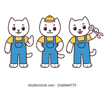 Cute cartoon construction worker cat character set. White kitty mascot in uniform with handyman tools. Vector clip art illustration.