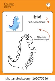 Cute cartoon contour dinosaur on white background. Coloring book for children, preschoolers, toddlers. Educational art card. Color pattern