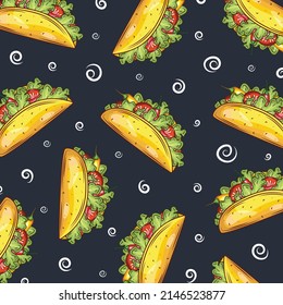 Cute cartoon contrast vector mexican tacos background. Nice bright fastfood pattern for textile, cafe and restaurant wrapping paper, covers, banners, background, wallpaper, surface