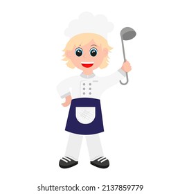 Cute cartoon cook with cap and ladle in hand