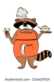 Cute cartoon cooker raccoon character  illustration. raccoon design for coffee shop. raccoon t shirt. vector