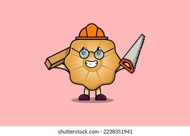 Cute cartoon Cookies as carpenter character with saw and wood in flat modern style design