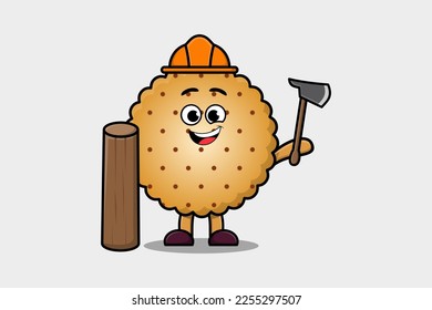 Cute cartoon Cookies as carpenter character with ax and wood in flat modern style