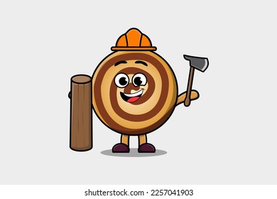 Cute cartoon Cookies as carpenter character with ax and wood in flat modern style