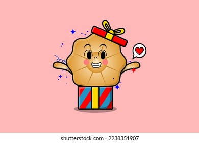 Cute cartoon Cookies character coming out from big gift box look so happy flat cartoon style