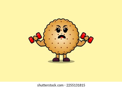 Cute cartoon Cookies character is fitness with barbell in modern style design
