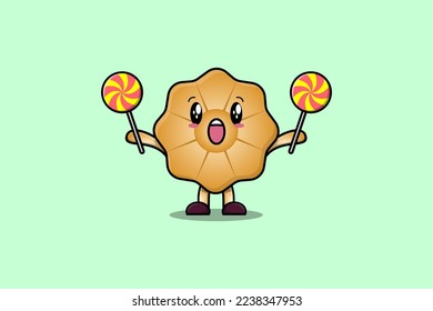 Cute cartoon Cookies character holding lollipop candy in flat cartoon illustration