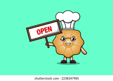 Cute cartoon Cookies character holding open sign board designs in concept flat cartoon style