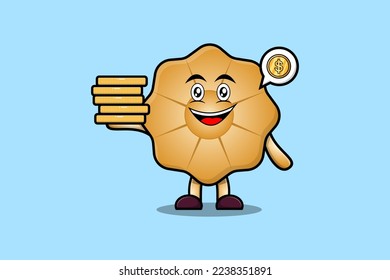 Cute cartoon Cookies character holding in stacked gold coin vector illustration