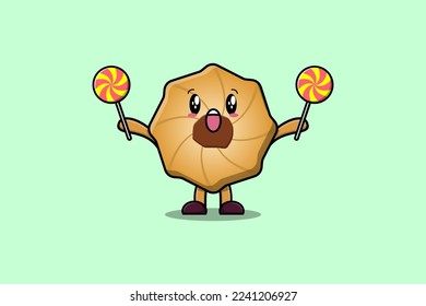Cute cartoon Cookies character holding lollipop candy in flat cartoon illustration