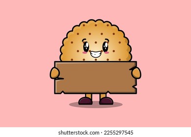 Cute cartoon Cookies character holding blank wooden text board vector icon illustration
