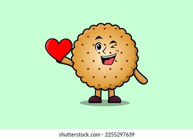 Cute cartoon Cookies character holding big red heart in modern style design illustration