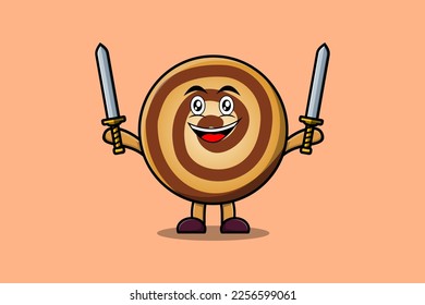 Cute cartoon Cookies character holding two sword in 3d modern design illustration