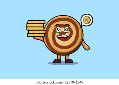 Cute cartoon Cookies character holding in stacked gold coin vector illustration