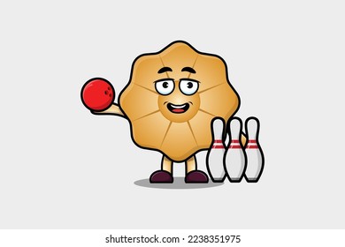 Cute cartoon Cookies character playing bowling in flat modern style design illustration