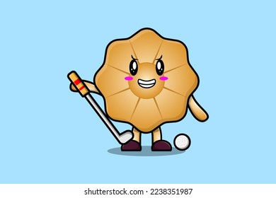 Cute cartoon Cookies character playing golf in concept flat cartoon style illustration