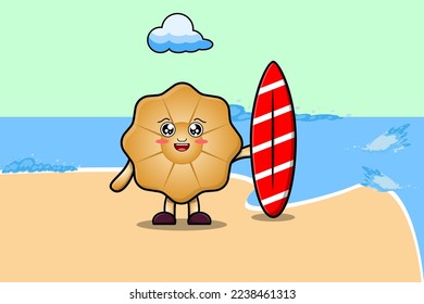 Cute cartoon Cookies character playing surfing with surfing board