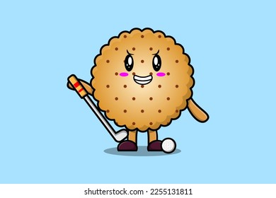 Cute cartoon Cookies character playing golf in concept flat cartoon style illustration